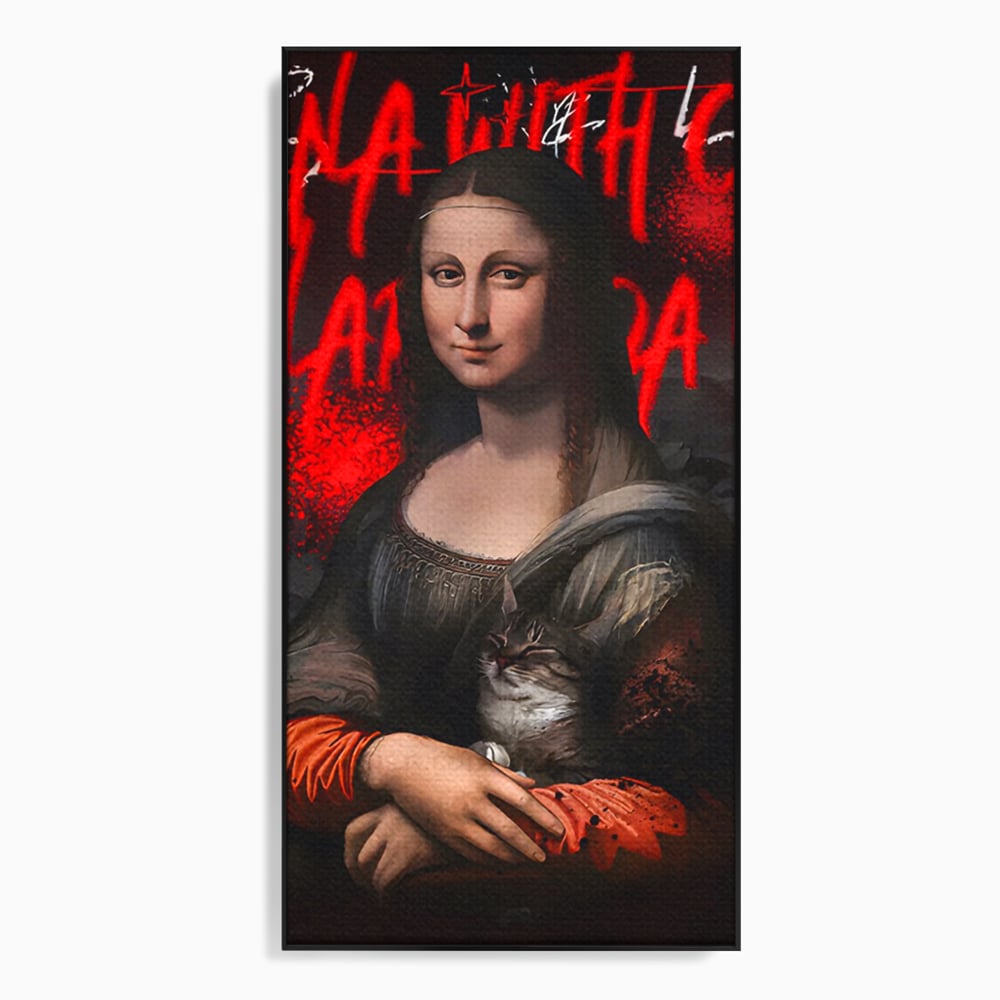 Tablou canvas cu tablou canvas cu mona lisa si o pisica, in rama de aluminiu negru