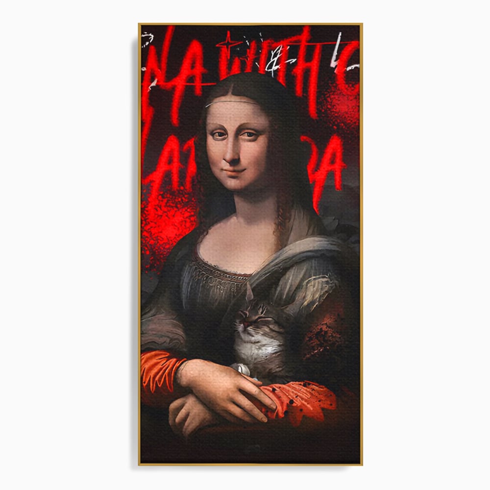Tablou canvas cu tablou canvas cu mona lisa si o pisica, in rama de aluminiu auriu
