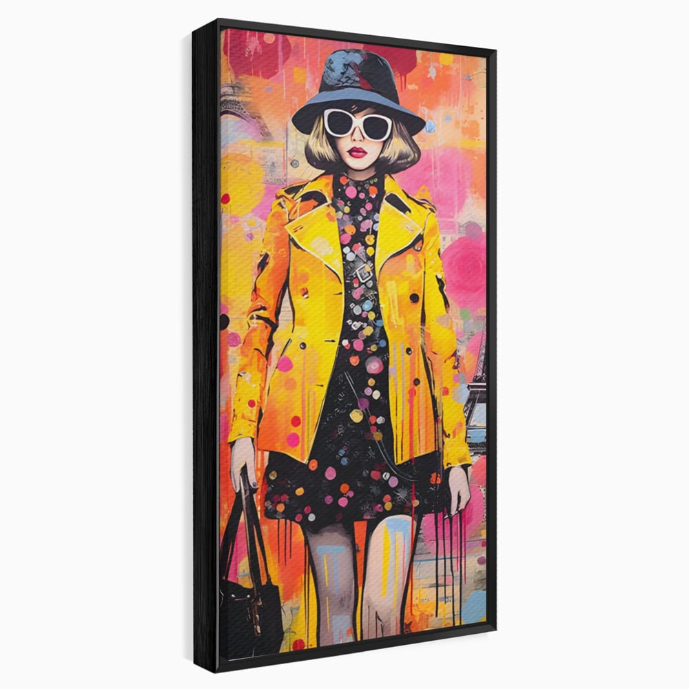 Tablou canvas cu tablou canvas cu ilustratie fashionista, in rama de aluminiu negru