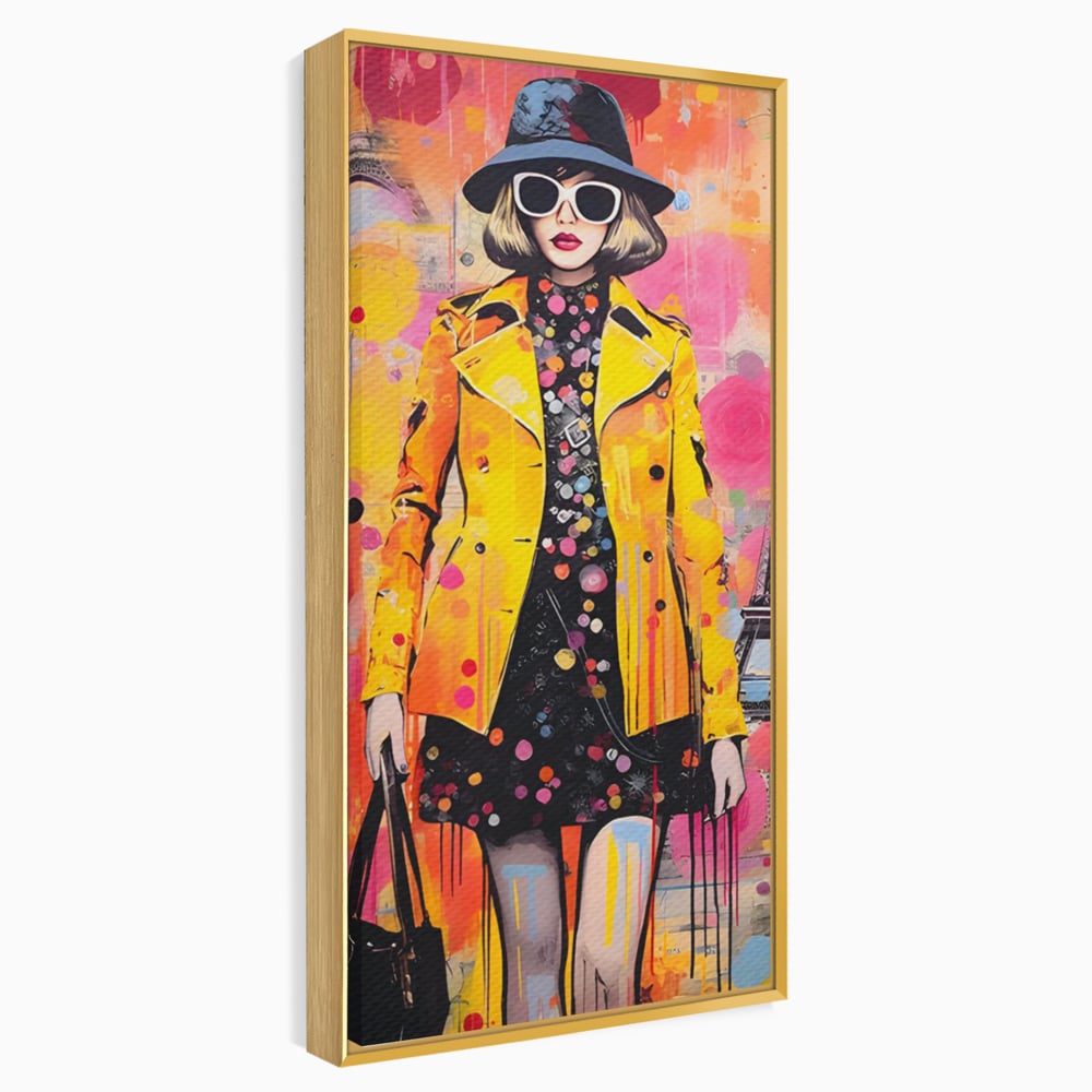 Tablou canvas cu tablou canvas cu ilustratie fashionista, in rama de aluminiu auriu