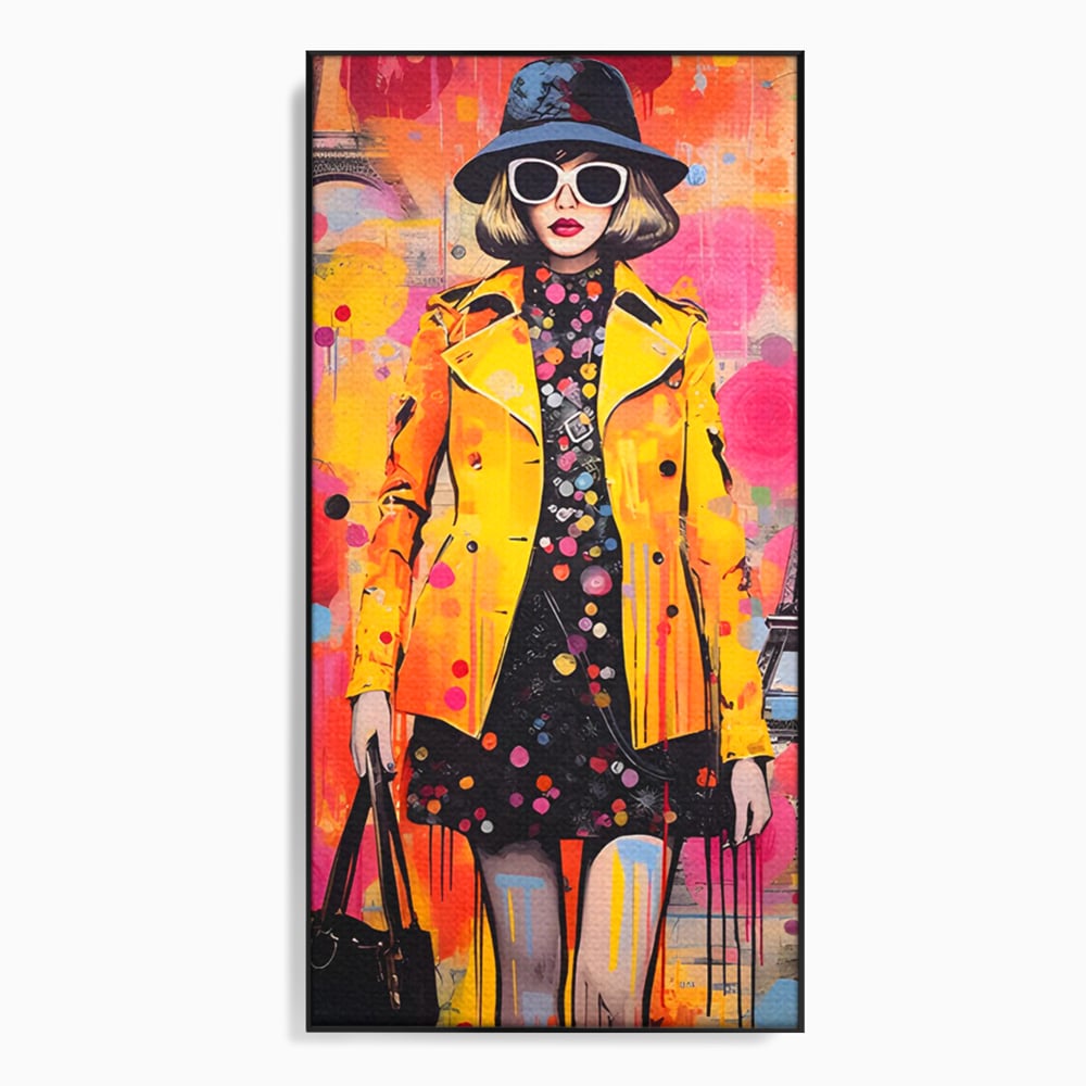 Tablou canvas cu tablou canvas cu ilustratie fashionista, in rama de aluminiu negru