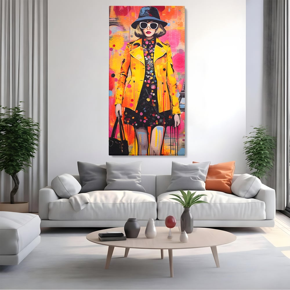 Tablou canvas cu tablou canvas cu ilustratie fashionista, fara rama, pe sasiu de lemn, pe perete intr-un living
