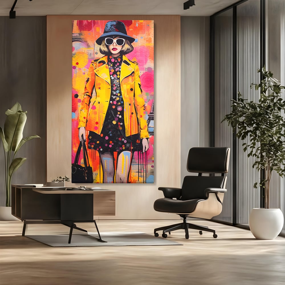 Tablou canvas cu tablou canvas cu ilustratie fashionista, fara rama, pe sasiu de lemn, pe perete intr-un birou