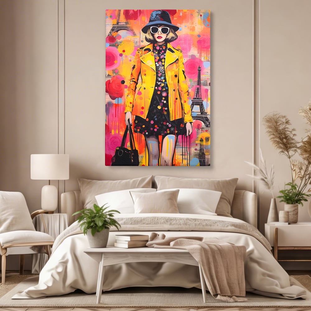 Tablou canvas cu tablou canvas cu ilustratie fashionista, fara rama, pe sasiu de lemn, pe perete intr-un dormitor