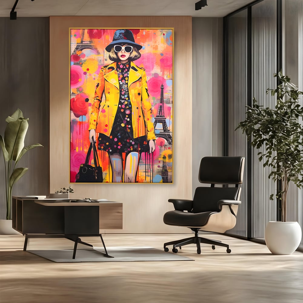 Tablou canvas cu tablou canvas cu ilustratie fashionista, in rama de aluminiu auriu, pe perete intr-un birou
