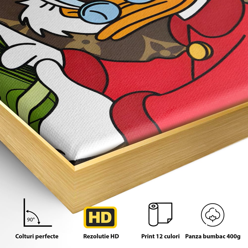 Detaliu al suprafetei: tablou canvas cu personaj de desene animate, in rama de aluminiu auriu
