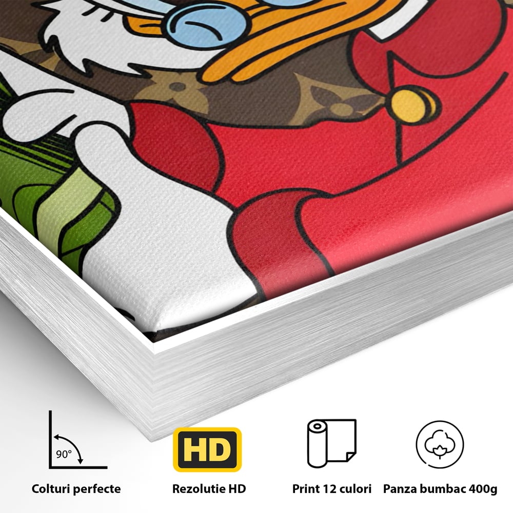 Detaliu al suprafetei: tablou canvas cu personaj de desene animate, in rama de aluminiu argintiu