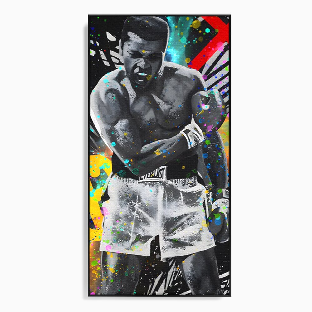 Tablou canvas cu tablou canvas cu muhammad ali in alb si negru, in rama de aluminiu negru