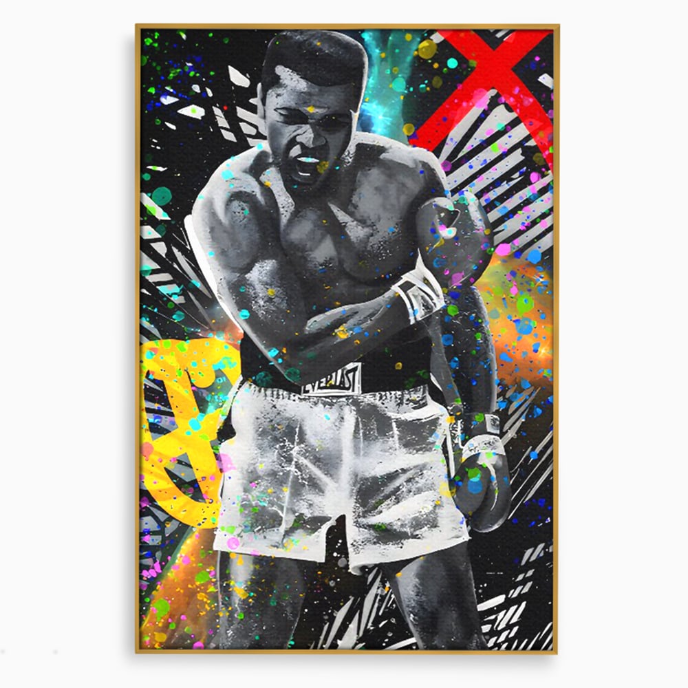 Tablou canvas cu tablou canvas cu muhammad ali in alb si negru, in rama de aluminiu auriu