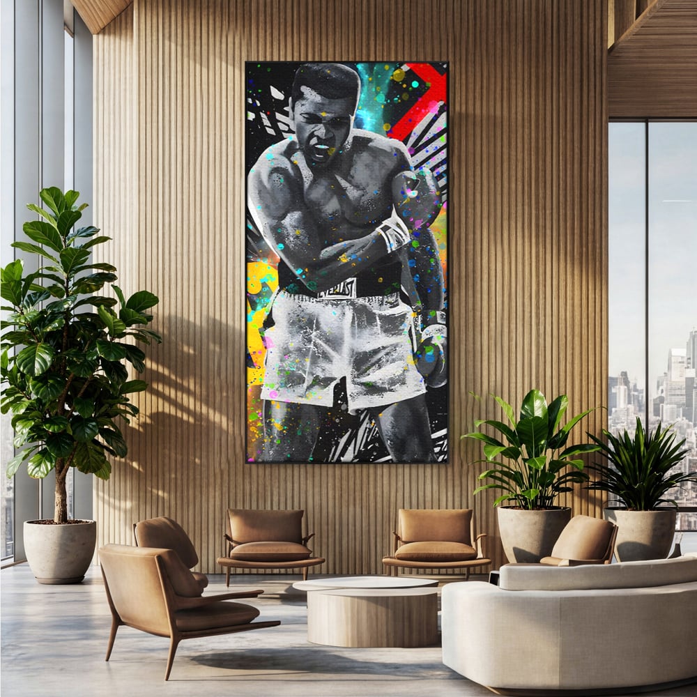 Tablou canvas cu tablou canvas cu muhammad ali in alb si negru, in rama de aluminiu negru, pe perete intr-un birou