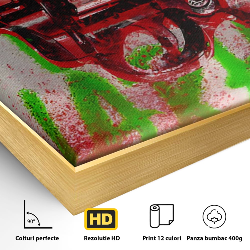 Detaliu al suprafetei: tablou canvas cu pistol rosu si graffiti, in rama de aluminiu auriu