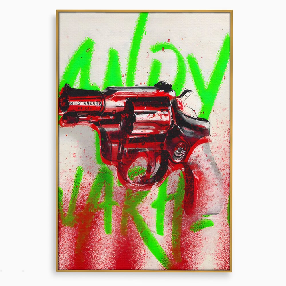 Tablou canvas cu tablou canvas cu pistol rosu si graffiti, in rama de aluminiu auriu
