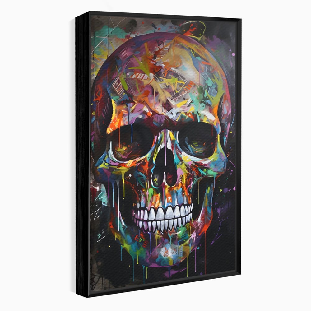 Tablou canvas cu tablou canvas cu craniu multicolor, in rama de aluminiu negru