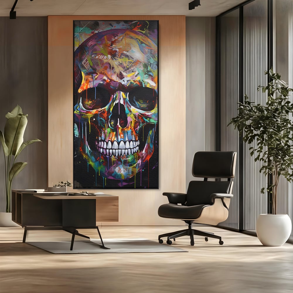 Tablou canvas cu tablou canvas cu craniu multicolor, in rama de aluminiu negru, pe perete intr-un birou