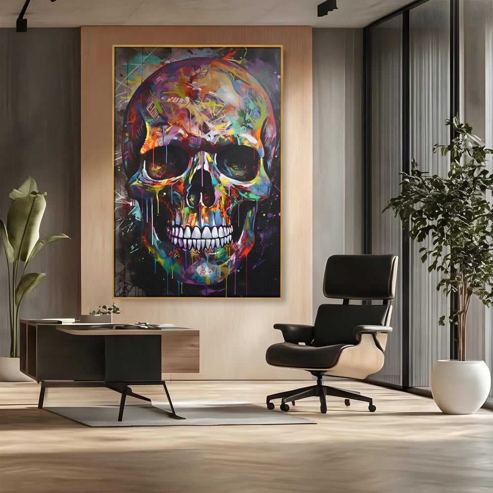 Tablou canvas cu tablou canvas cu craniu multicolor, in rama de aluminiu auriu, pe perete intr-un birou