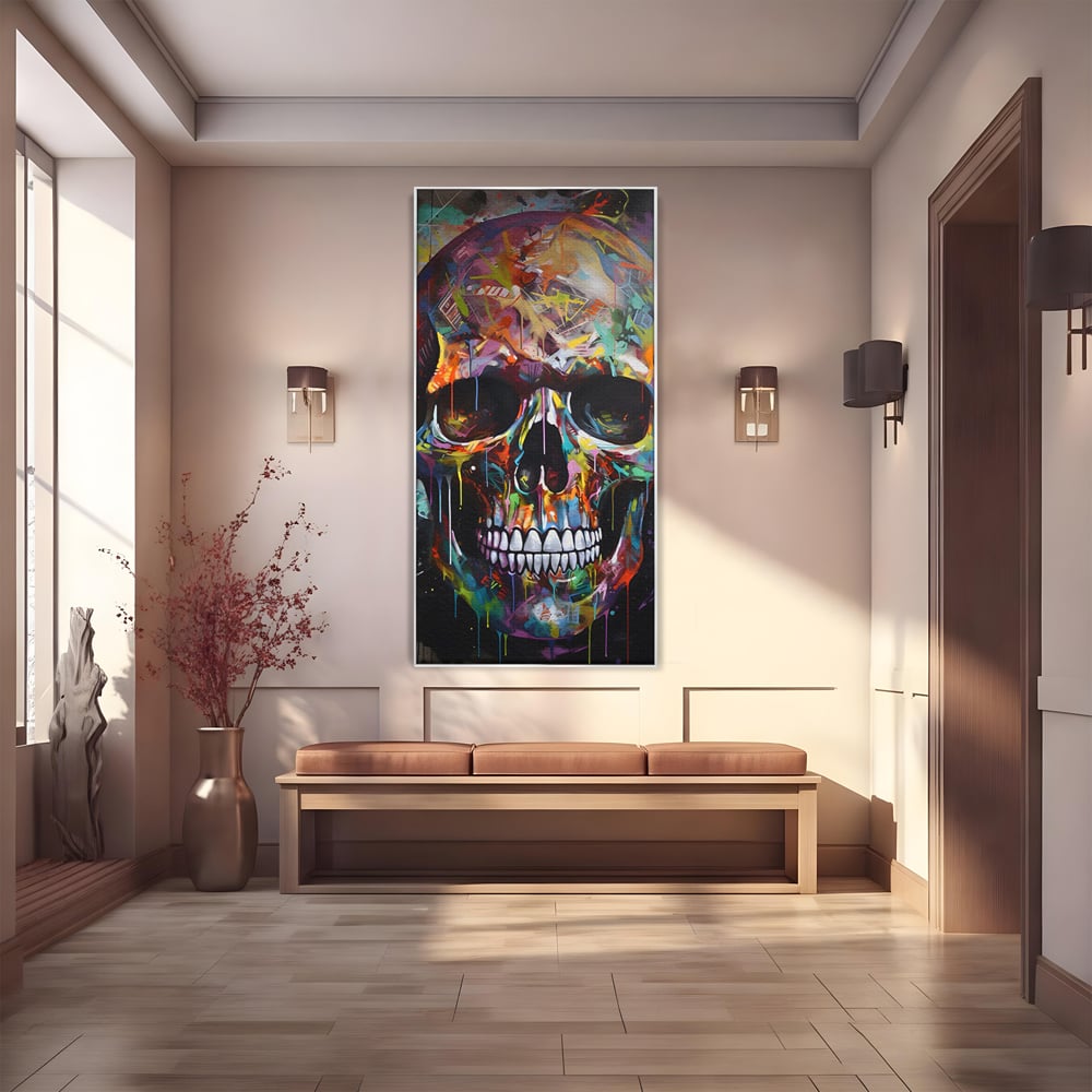 Tablou canvas cu tablou canvas cu craniu multicolor, in rama de aluminiu argintiu