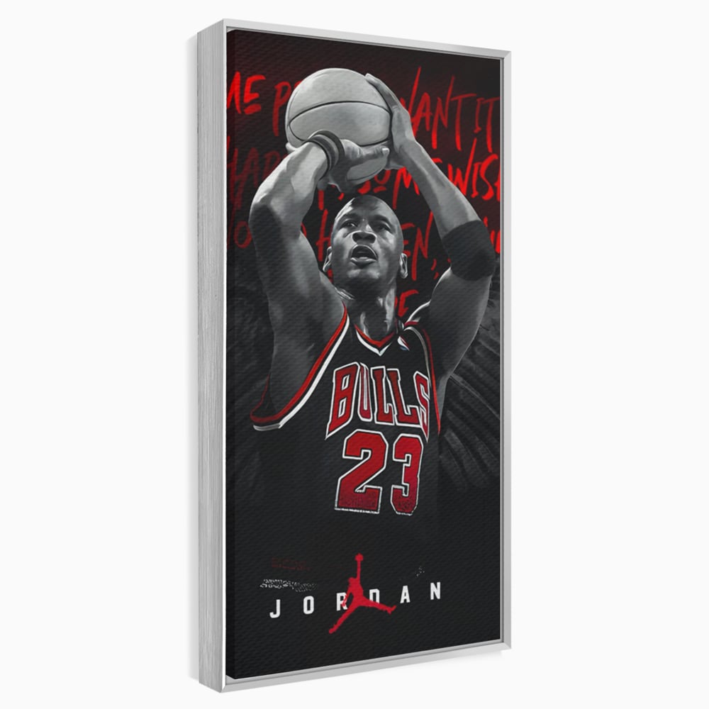 Tablou canvas cu tablou canvas cu michael jordan in actiune, in rama de aluminiu argintiu