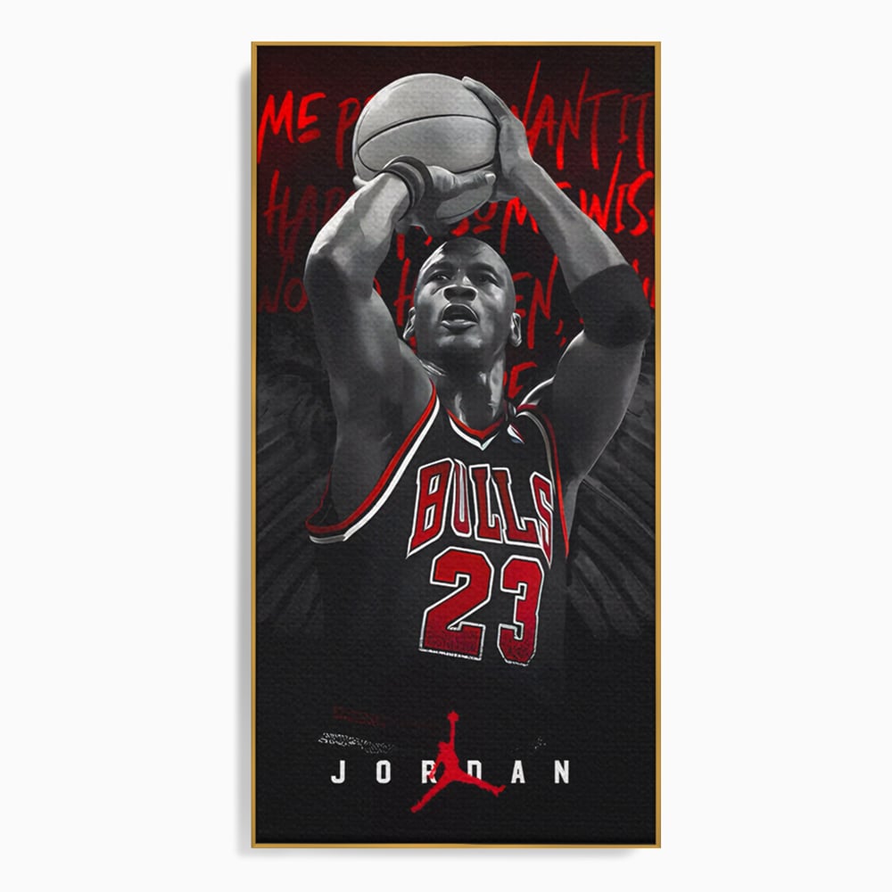 Tablou canvas cu tablou canvas cu michael jordan in actiune, in rama de aluminiu auriu
