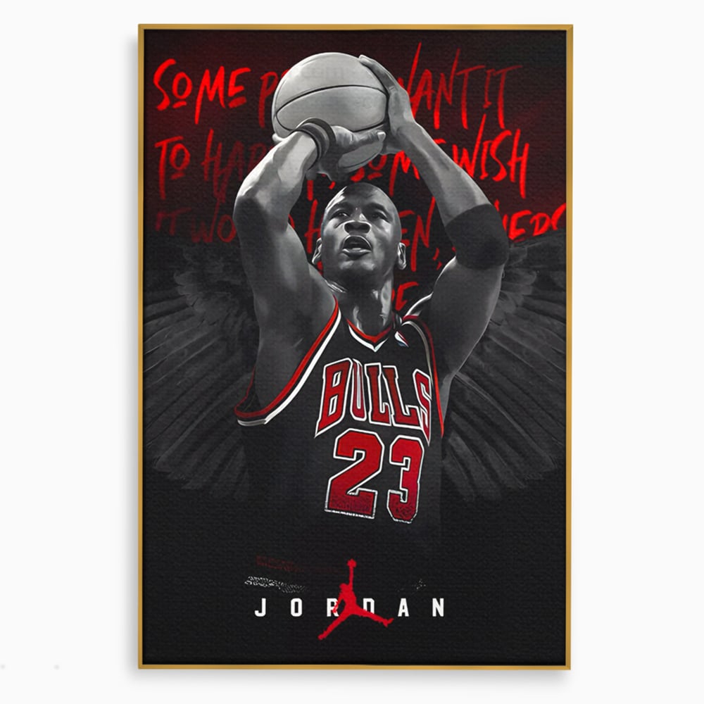 Tablou canvas cu tablou canvas cu michael jordan in actiune, in rama de aluminiu auriu
