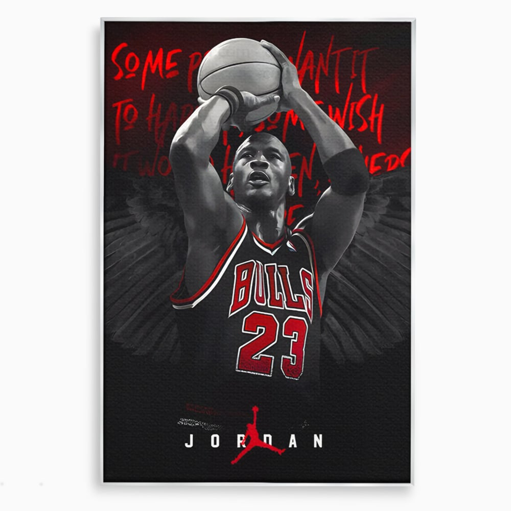 Tablou canvas cu tablou canvas cu michael jordan in actiune, in rama de aluminiu argintiu