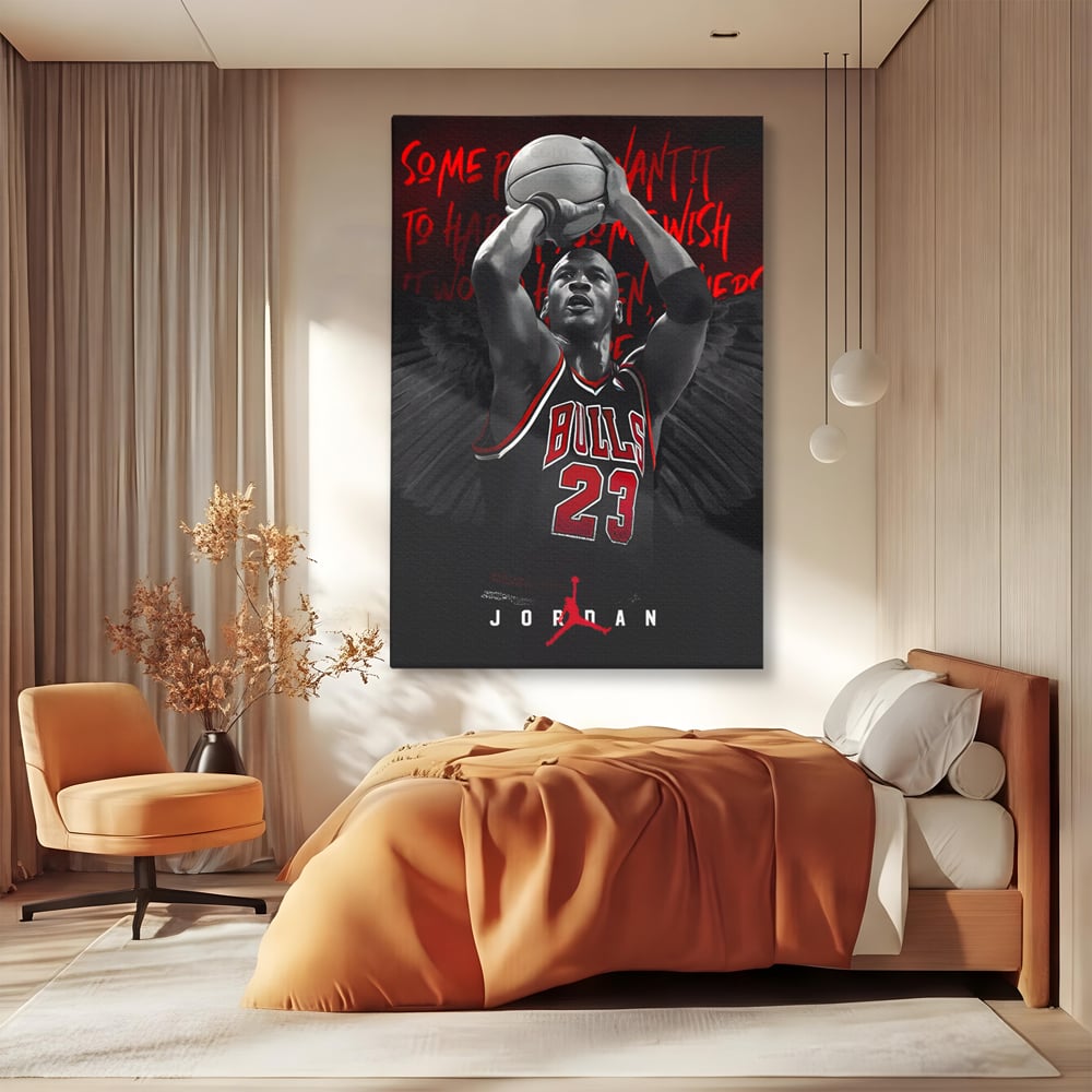 Tablou canvas cu tablou canvas cu michael jordan in actiune, fara rama, pe sasiu de lemn, pe perete intr-un dormitor