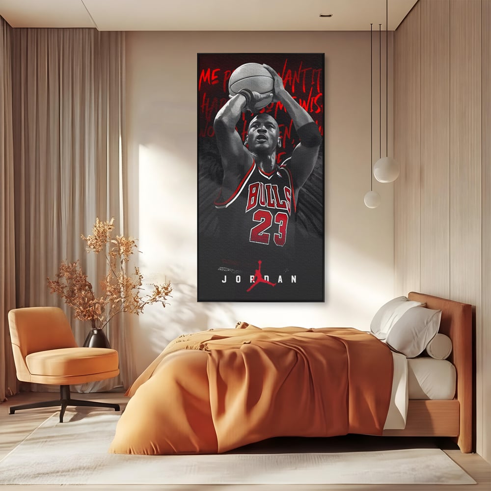 Tablou canvas cu tablou canvas cu michael jordan in actiune, in rama de aluminiu negru, pe perete intr-un dormitor