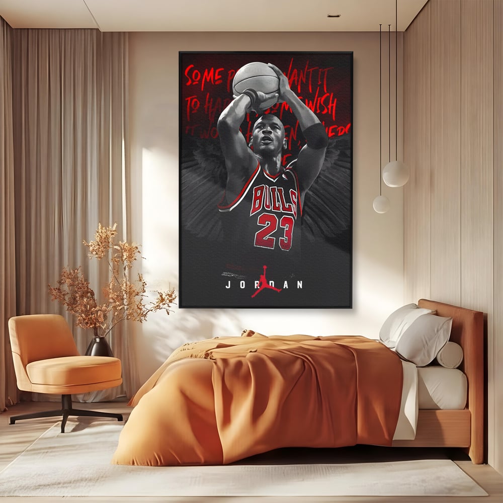 Tablou canvas cu tablou canvas cu michael jordan in actiune, in rama de aluminiu negru, pe perete intr-un dormitor