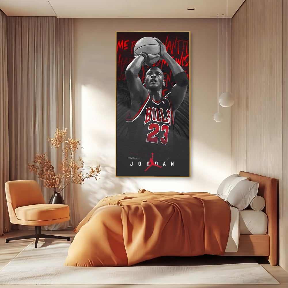 Tablou canvas cu tablou canvas cu michael jordan in actiune, in rama de aluminiu auriu, pe perete intr-un dormitor