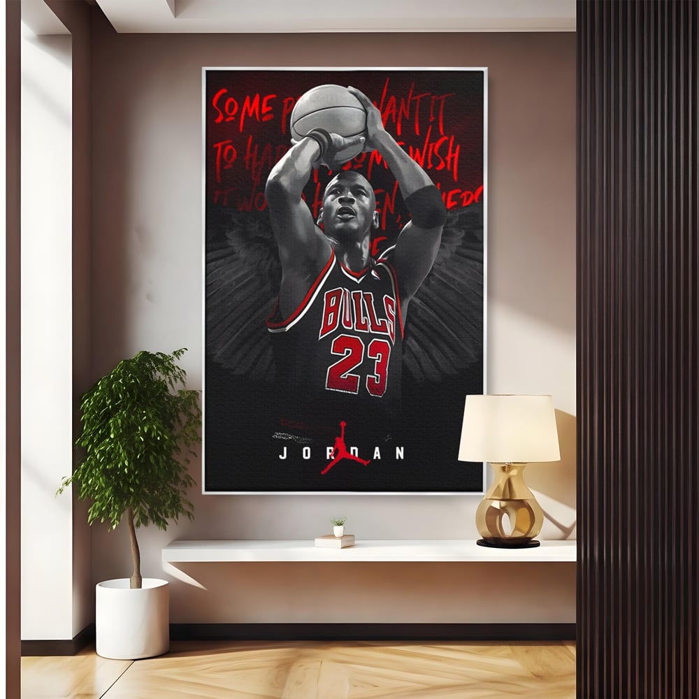 Tablou canvas cu tablou canvas cu michael jordan in actiune, in rama de aluminiu argintiu