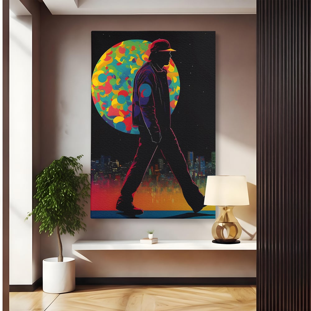 Tablou canvas cu silueta unui barbat mergand pe fundal urban, fara rama, pe sasiu de lemn