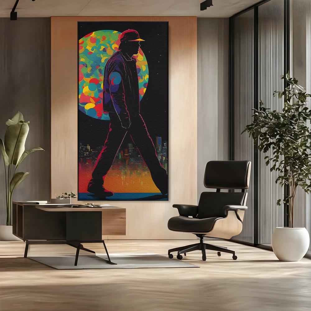 Tablou canvas cu silueta unui barbat mergand pe fundal urban, in rama de aluminiu negru, pe perete intr-un birou
