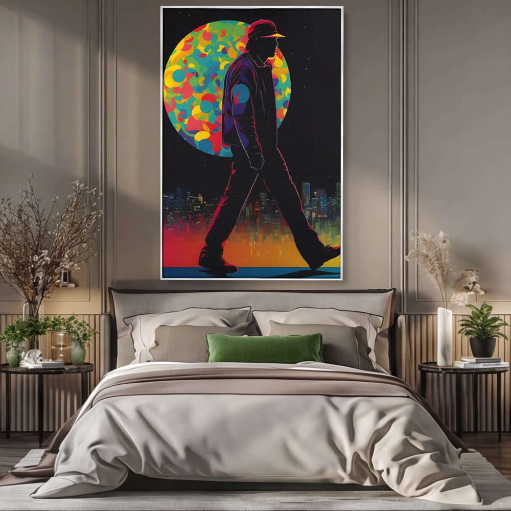 Tablou canvas cu silueta unui barbat mergand pe fundal urban, in rama de aluminiu argintiu, pe perete intr-un dormitor