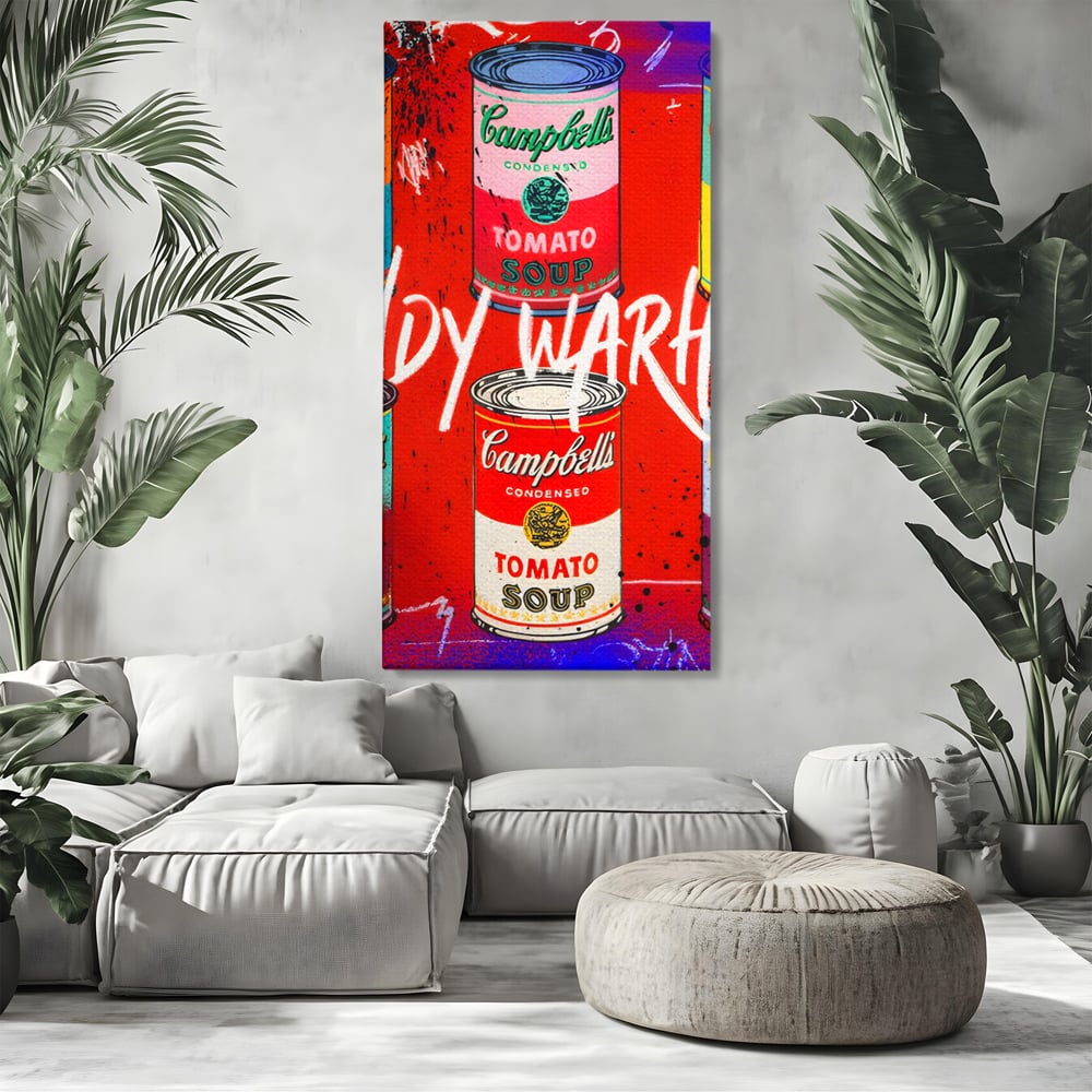 Tablou canvas cu tablou canvas cu cutii de supa, fara rama, pe sasiu de lemn, pe perete intr-un living
