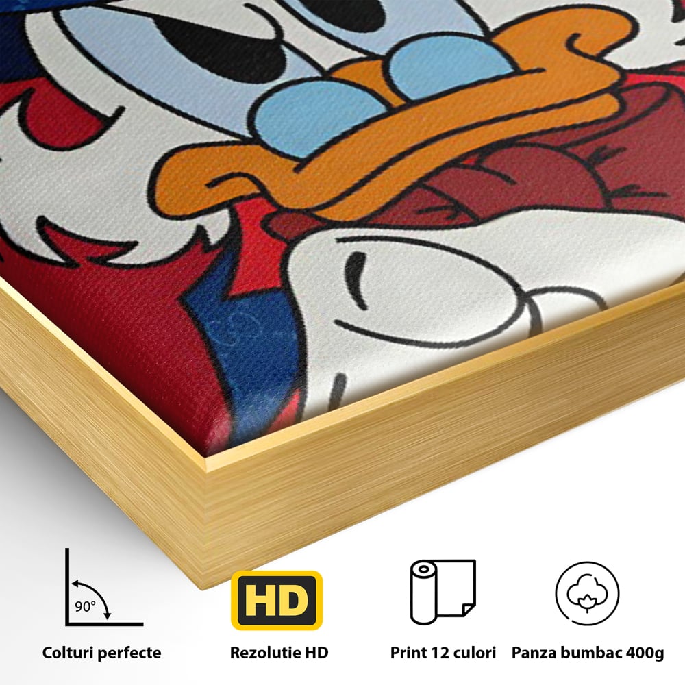 Detaliu al suprafetei: ilustratie cu personajul scrooge mcduck, in rama de aluminiu auriu