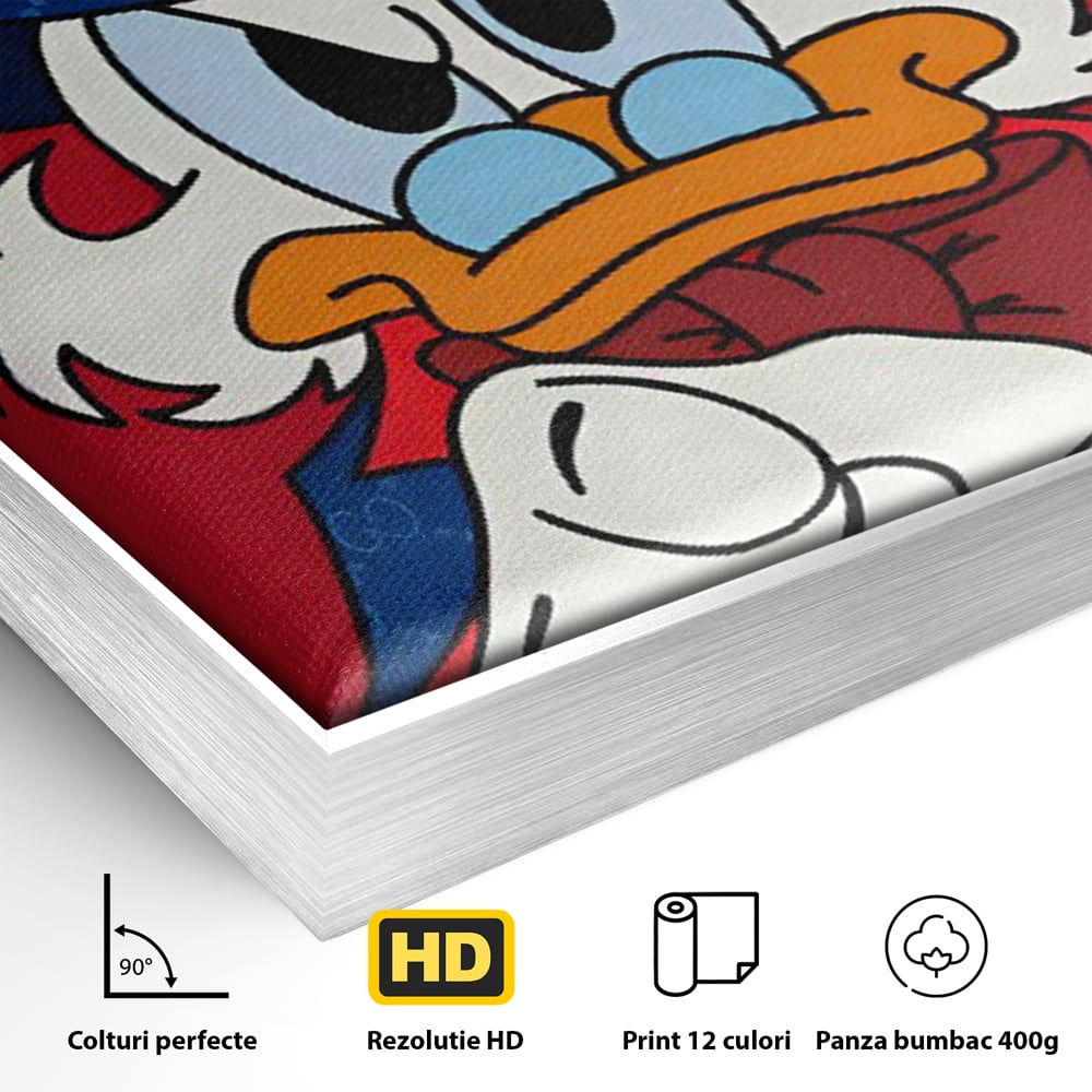 Detaliu al suprafetei: ilustratie cu personajul scrooge mcduck, in rama de aluminiu argintiu