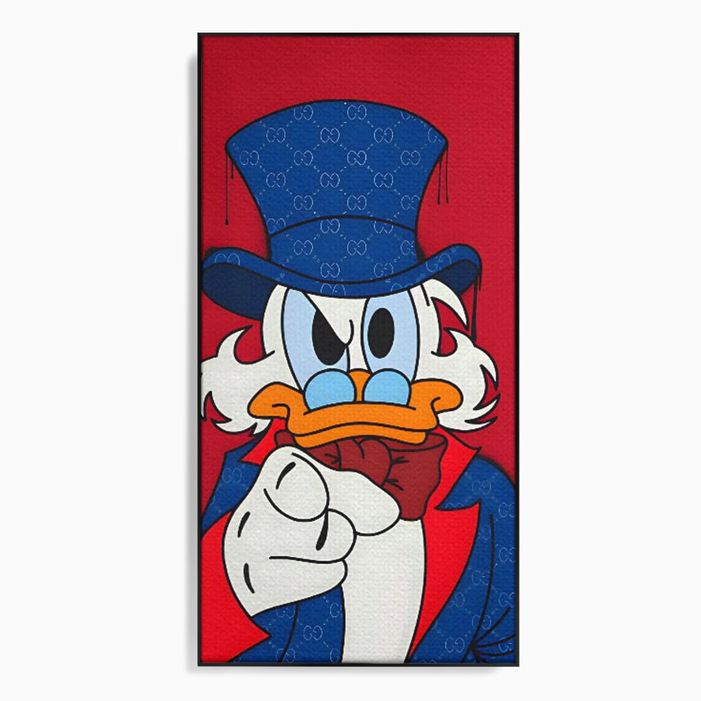 Tablou canvas cu ilustratie cu personajul scrooge mcduck, in rama de aluminiu negru