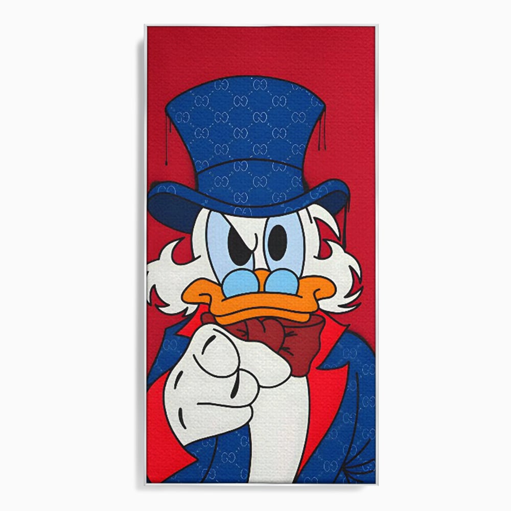 Tablou canvas cu ilustratie cu personajul scrooge mcduck, in rama de aluminiu argintiu