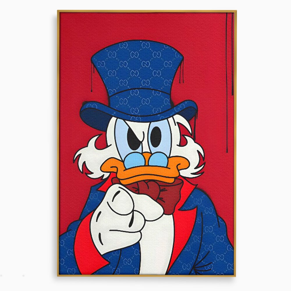 Tablou canvas cu ilustratie cu personajul scrooge mcduck, in rama de aluminiu auriu