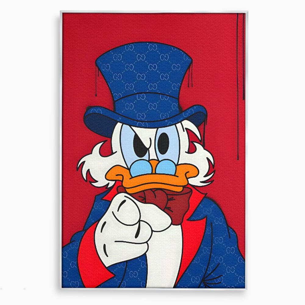 Tablou canvas cu ilustratie cu personajul scrooge mcduck, in rama de aluminiu argintiu