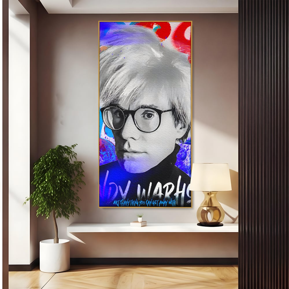 Tablou canvas cu tablou canvas cu portretul lui andy warhol, in rama de aluminiu auriu