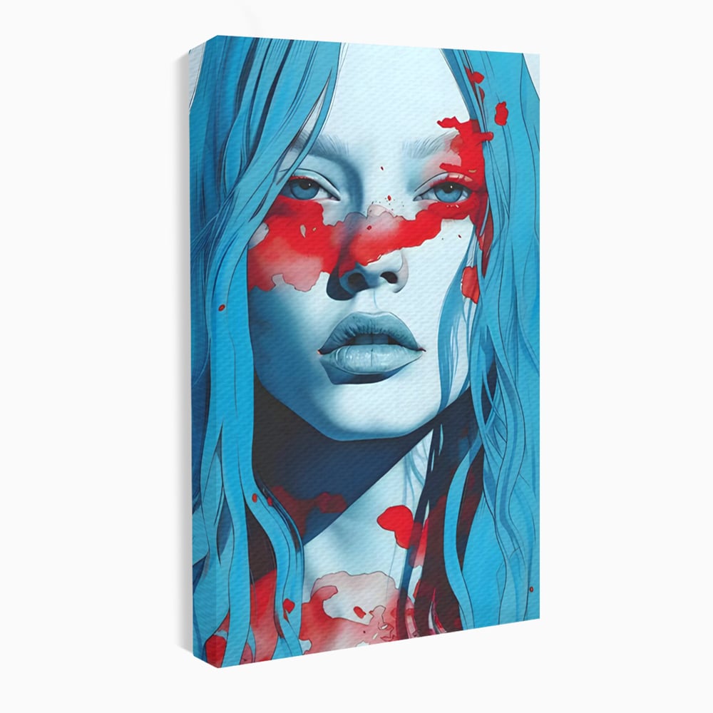 Tablou canvas cu tablou canvas cu portret albastru si pete rosii, fara rama, pe sasiu de lemn