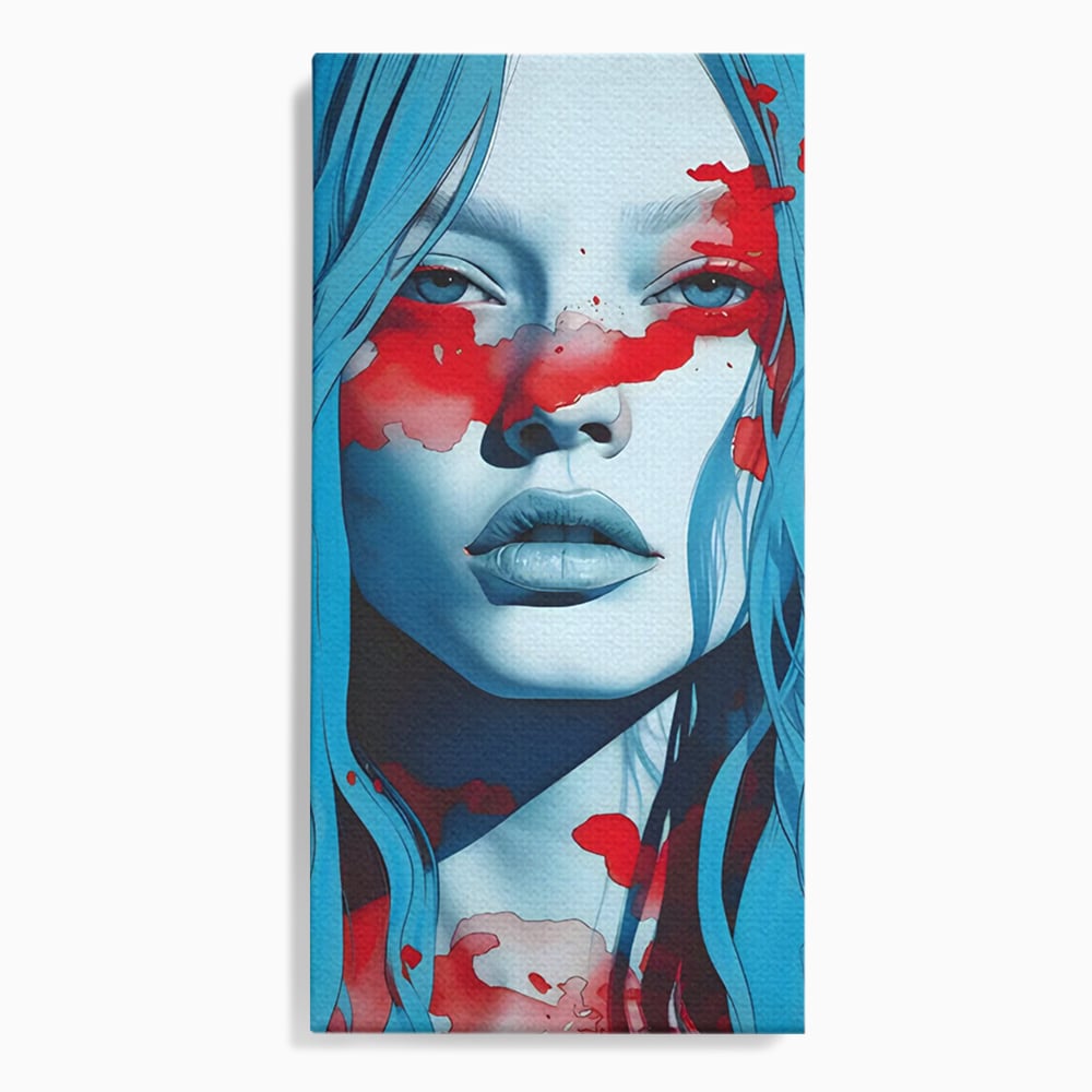 Tablou canvas cu tablou canvas cu portret albastru si pete rosii, fara rama, pe sasiu de lemn