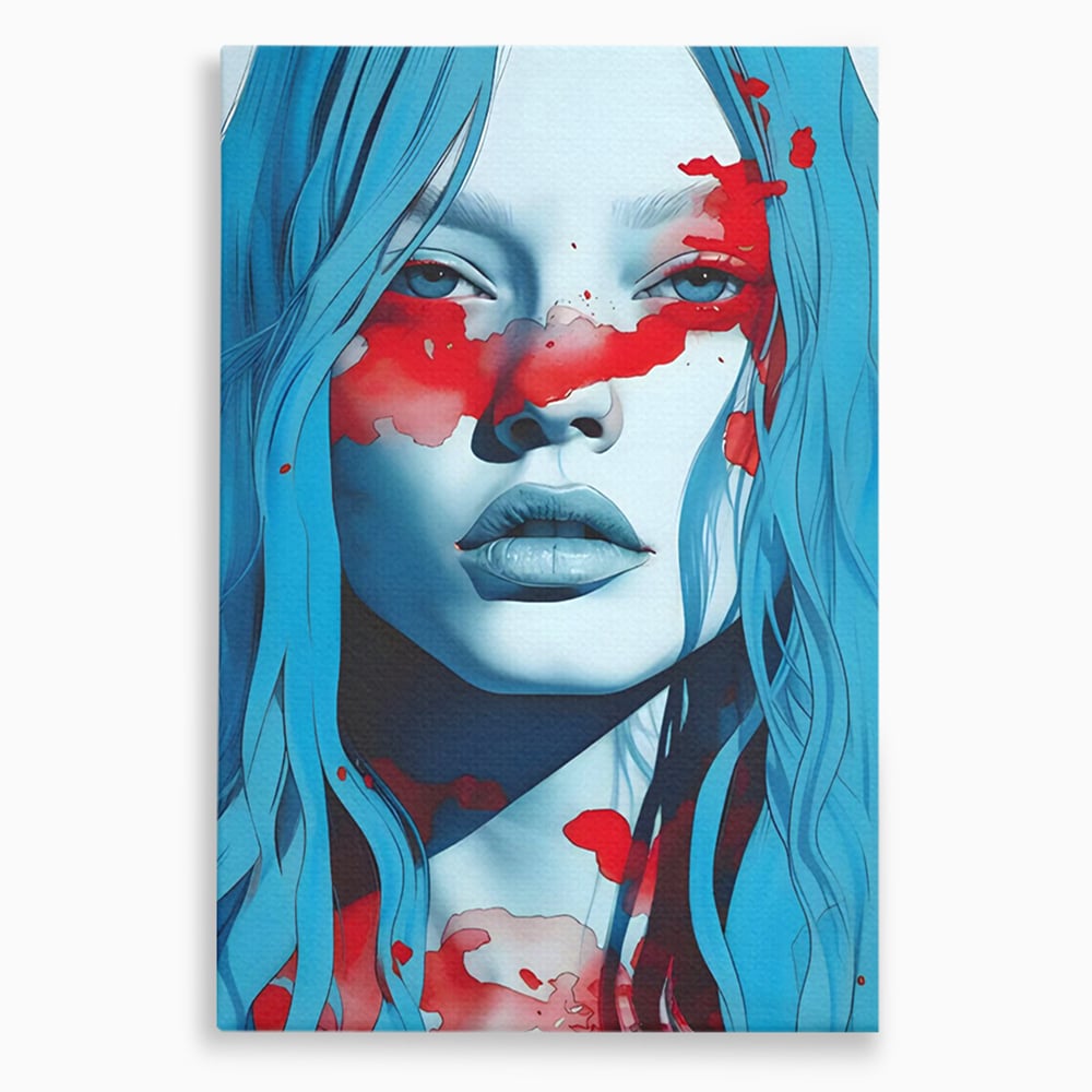 Tablou canvas cu tablou canvas cu portret albastru si pete rosii, fara rama, pe sasiu de lemn