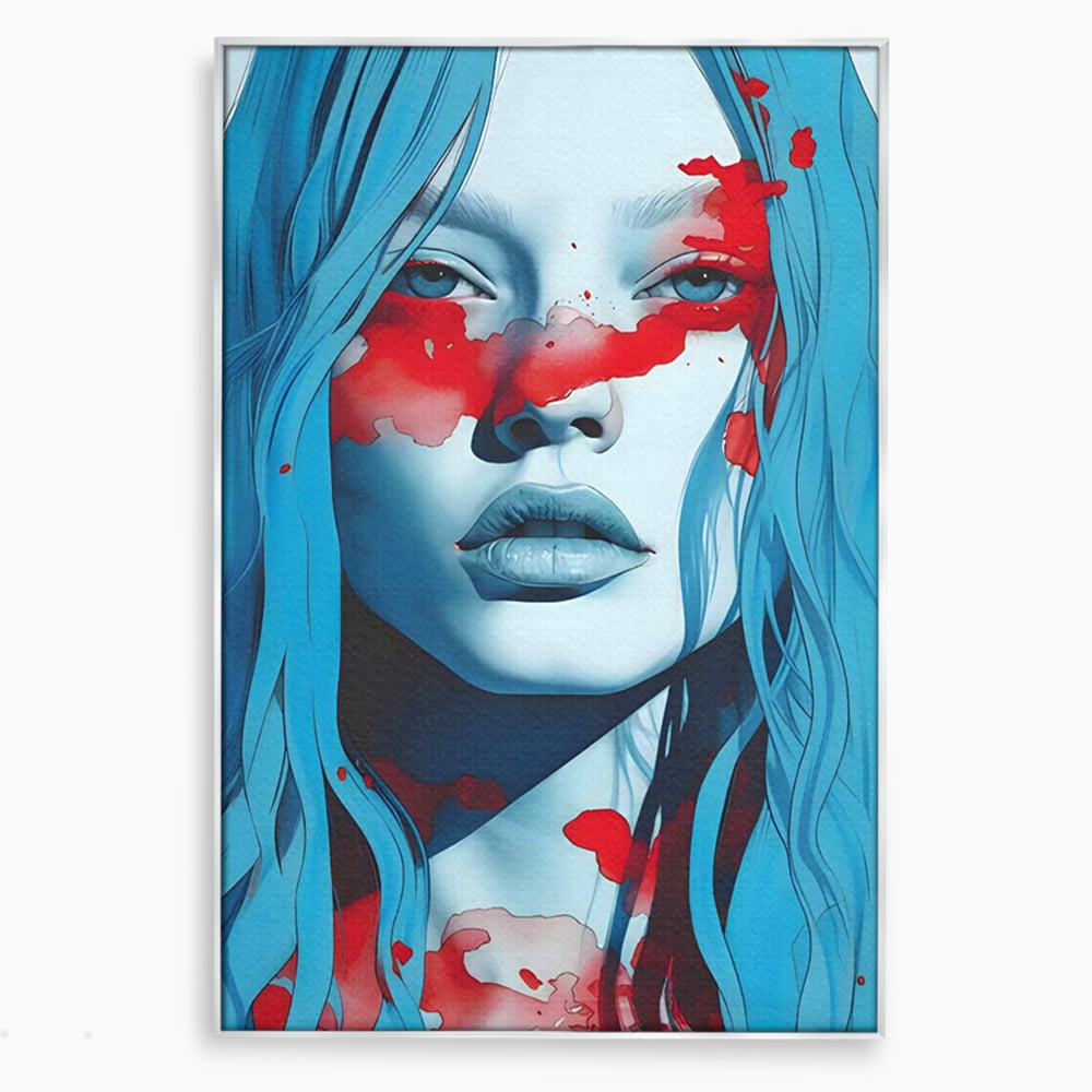 Tablou canvas cu tablou canvas cu portret albastru si pete rosii, in rama de aluminiu argintiu