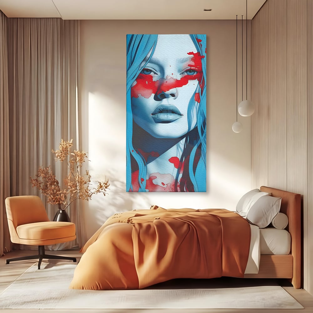 Tablou canvas cu tablou canvas cu portret albastru si pete rosii, fara rama, pe sasiu de lemn, pe perete intr-un dormitor