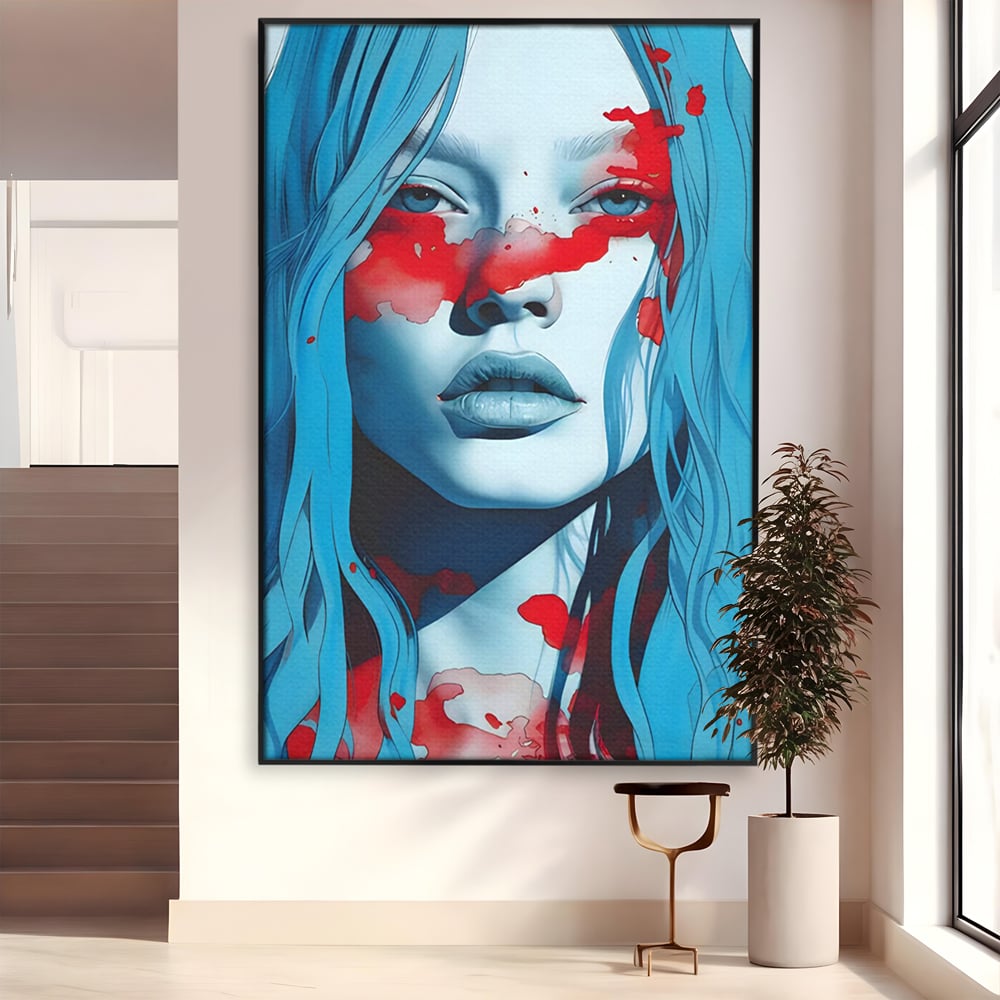 Tablou canvas cu tablou canvas cu portret albastru si pete rosii, in rama de aluminiu negru