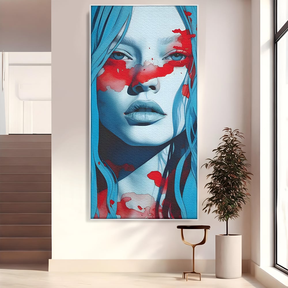 Tablou canvas cu tablou canvas cu portret albastru si pete rosii, in rama de aluminiu argintiu