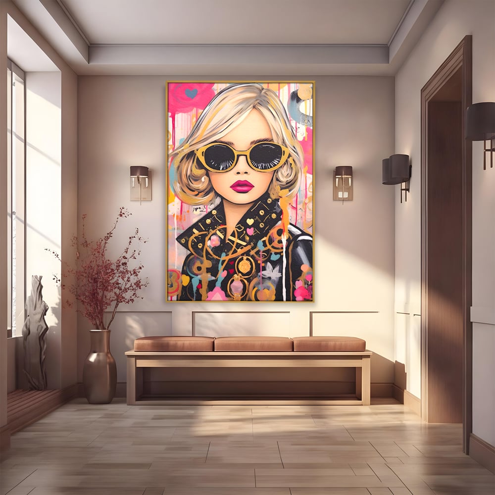 Tablou canvas cu tablou canvas cu portret de femeie, in rama de aluminiu auriu