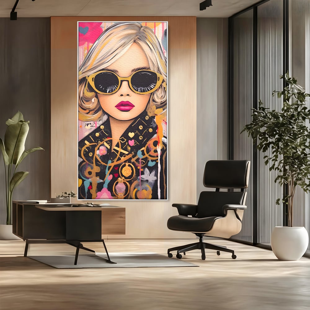 Tablou canvas cu tablou canvas cu portret de femeie, in rama de aluminiu argintiu, pe perete intr-un birou
