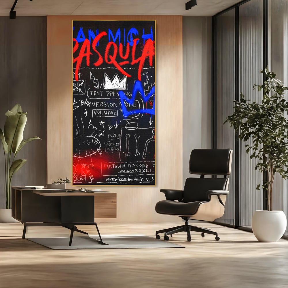 Tablou canvas cu tablou canvas cu grafica pop art, in rama de aluminiu auriu, pe perete intr-un birou